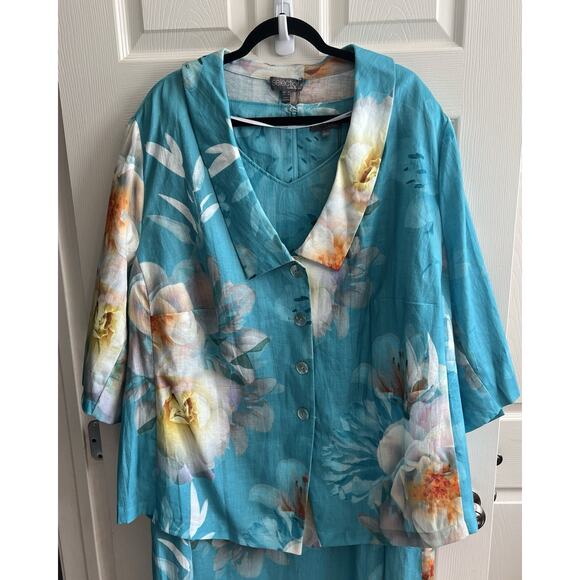 SELECTION ULLA POPKEN Plus 100% Linen Hawaiian Floral Blouse Midi Dress - Picture 2 of 16
